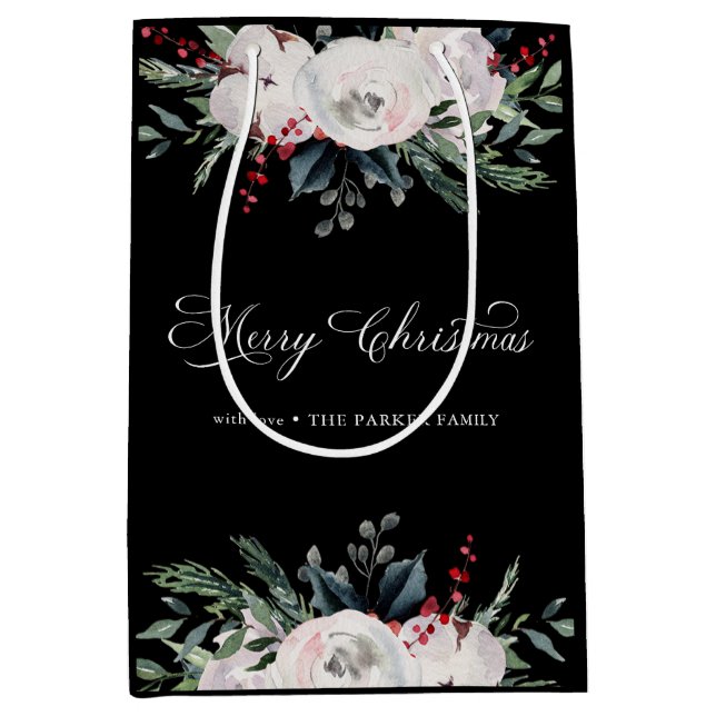 Sac Cadeau Moyen Joyeux Noël | Fleurs aquarelles sur noir (Devant)