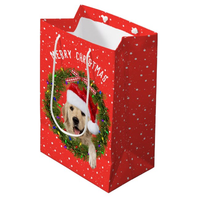 Sac Cadeau Moyen Joyeux Noël Golden Retriever en pois (Devant Angle)