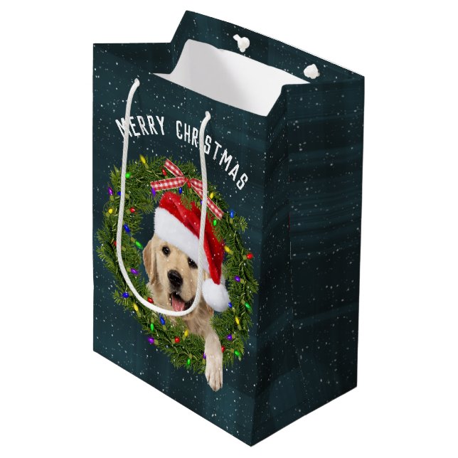 Sac Cadeau Moyen Joyeux Noël Golden Retriever sur plaid (Devant Angle)