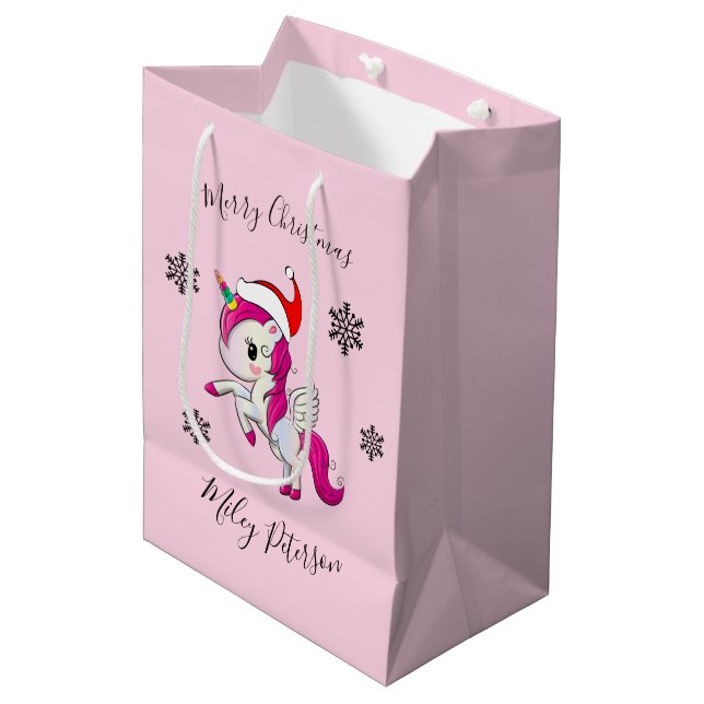 Sac Cadeau Moyen Joyeux Noël licorne & flocons de neige personnalis (Devant Angle)