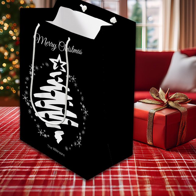 Sac Cadeau Moyen Joyeux Noël Noir Blanc Minimal Vacances Modernes (Merry Christmas Black White Minimal Modern Holiday Medium Gift Bag)