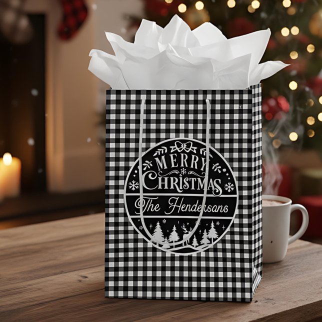 Sac Cadeau Moyen Joyeux Noël noir & blanc Plaid Nom personnalisé (Créateur téléchargé)
