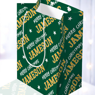 Sac Cadeau Moyen Joyeux Noël Nom Typographie Vert Jaune