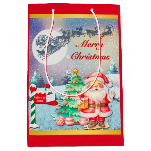 Sac Cadeau Moyen Joyeux Noël Père Noël, Sleigh, Reindeer, Snowflake