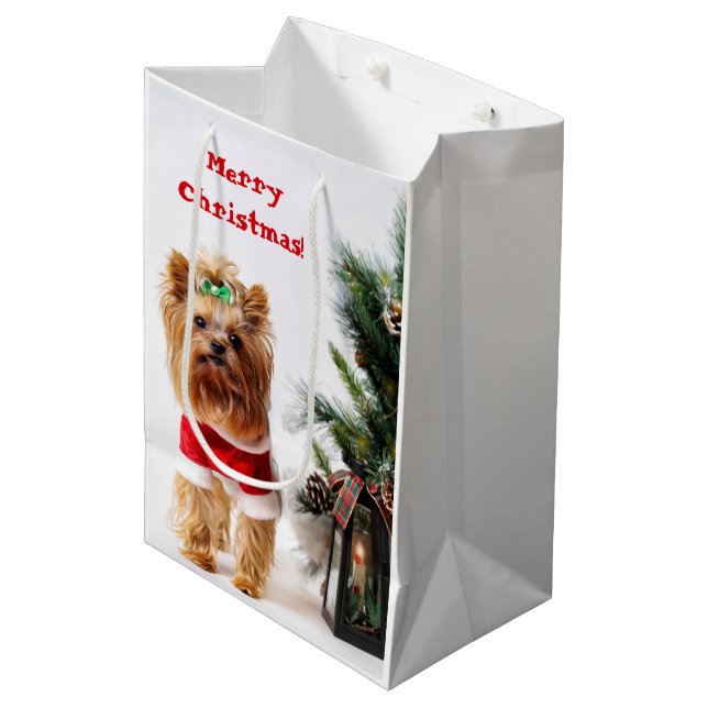 Sac Cadeau Moyen Joyeux Noël Père Noël Yorkie avec arbre de Noël (Devant Angle)