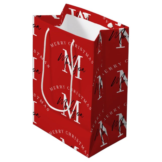 Sac Cadeau Moyen Joyeux Noël personnalisé Monogramme rouge (Devant Angle)