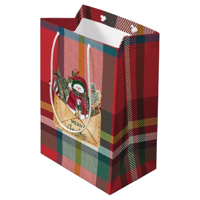 Sac Cadeau Moyen Joyeux Noël Plaid Rustique Rouge et Vert (Dos Angle)