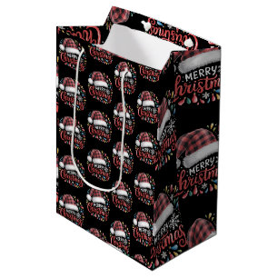 Sac Cadeau Moyen Joyeux Noël Renne Xmas Famille Carreaux Rouges