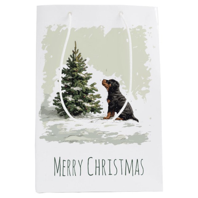 Sac Cadeau Moyen Joyeux Noël Rottweiler Chien Arbre de Noël (Devant)