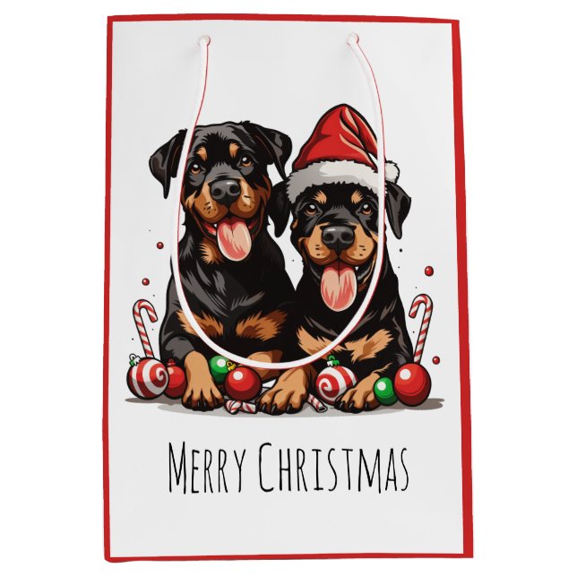 Sac Cadeau Moyen Joyeux Noël Rottweiler Chien Père Noël (Devant)