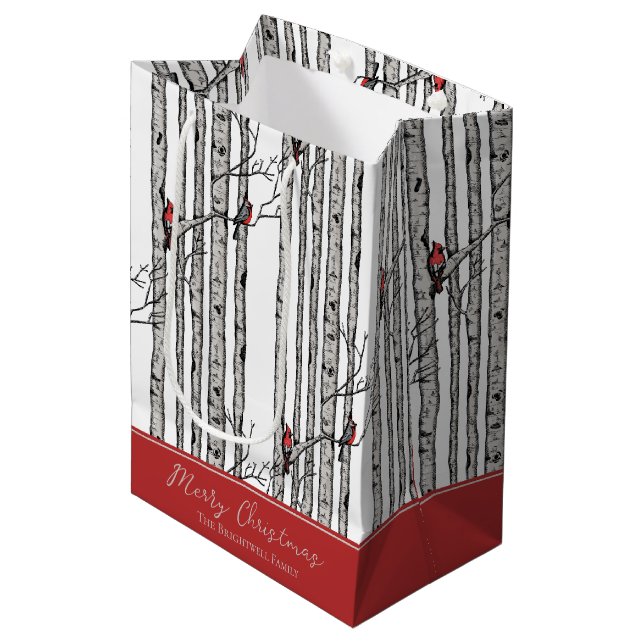 Sac Cadeau Moyen Joyeux Noël Rouge Cardinal Oiseau & Birch Tree (Devant Angle)