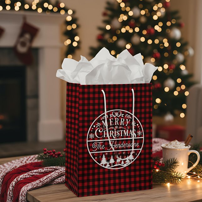 Sac Cadeau Moyen Joyeux Noël Rouge & Noir Plaid Nom personnalisé (Créateur téléchargé)