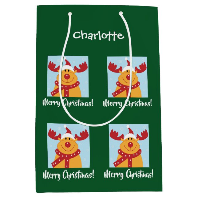 Sac Cadeau Moyen Joyeux Noël Rudolph Reindeer Personnaliser le nom (Devant)