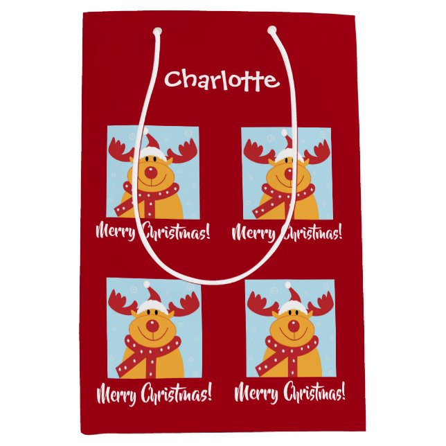 Sac Cadeau Moyen Joyeux Noël Rudolph Reindeer Personnaliser le nom (Devant)