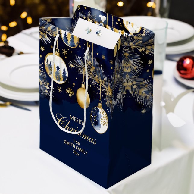 Sac Cadeau Moyen Joyeux Noël salutations or bleu marine baubles (Merry Christmas greetings gold navy blue baubles Medium Gift Bag)