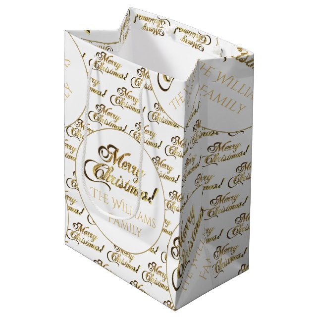 Sac Cadeau Moyen Joyeux Noël Script Elegant White Gold Ajouter un n (Devant Angle)