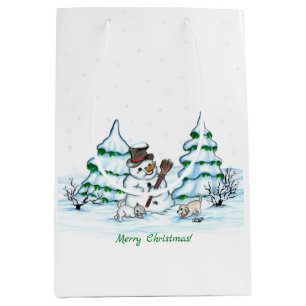 Sac Cadeau Moyen Joyeux Noël ! Snowman avec chat et chiot