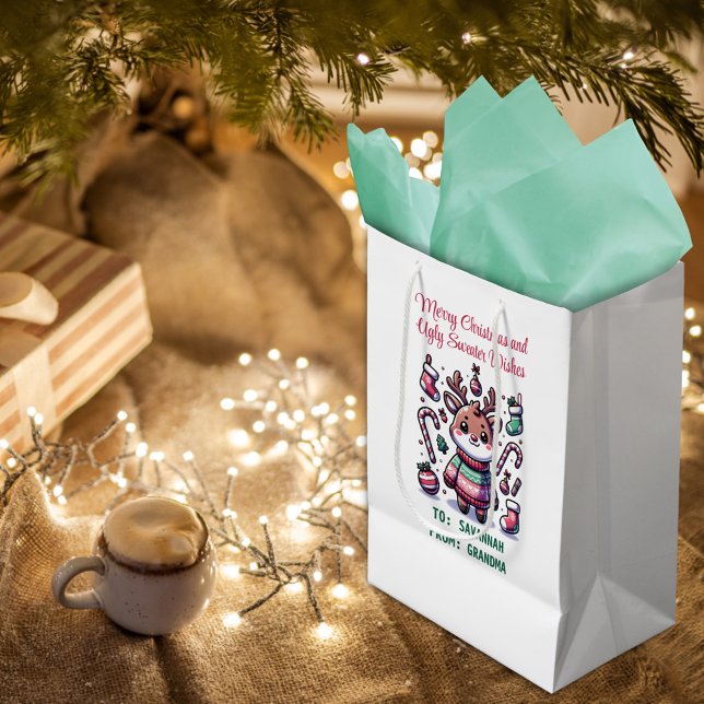 Sac Cadeau Moyen Joyeux Noël & Vœux de Pull Moche Renne (Créateur téléchargé)