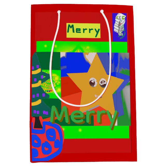 Sac Cadeau Moyen Joyeux nom vert sur Noël rouge  (Devant)