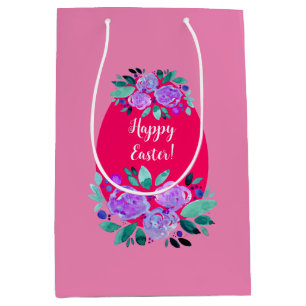 Sac Cadeau Moyen Joyeux oeuf rose fleuri à l'aquarelle de Pâques