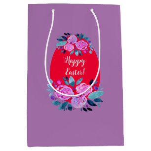 Sac Cadeau Moyen Joyeux oeuf rouge fleuri à l'aquarelle de Pâques
