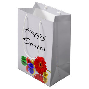 Sac Cadeau Moyen Joyeux Oeufs de Pâques colorés avec Gerbera