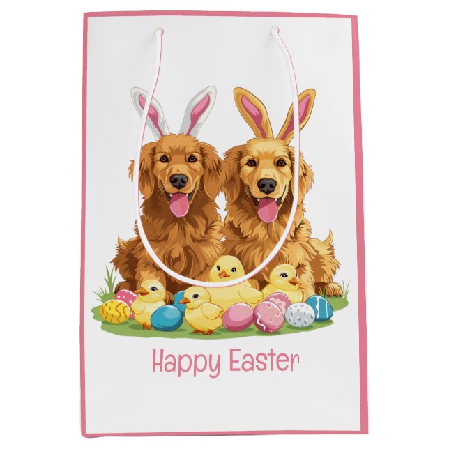 Sac Cadeau Moyen Joyeux Pâques Golden Retriever Chiens Bunny Ears (Devant)