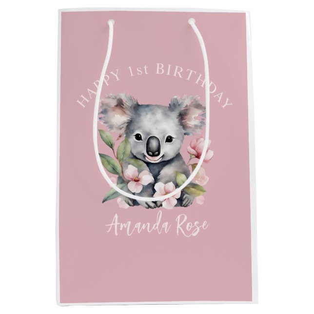 Sac Cadeau Moyen Joyeux premier anniversaire aquarelle Koala (Devant)