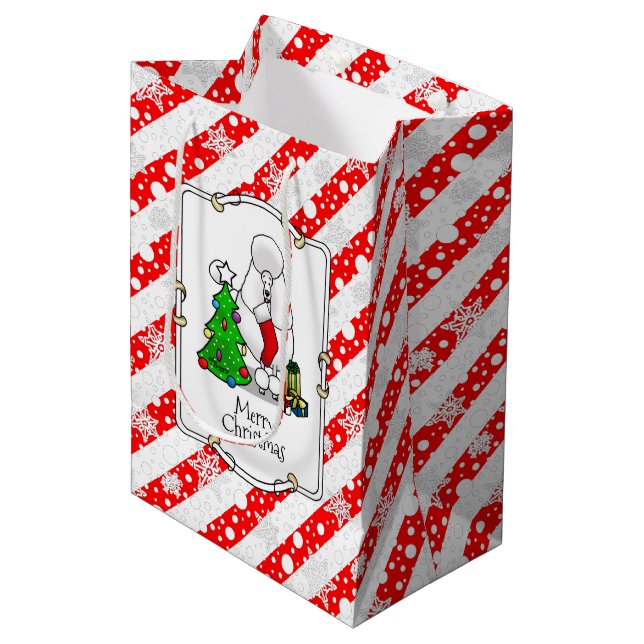 Sac Cadeau Moyen Joyeux sapin de Noël 2 caniche (blanc) chien migno (Devant Angle)