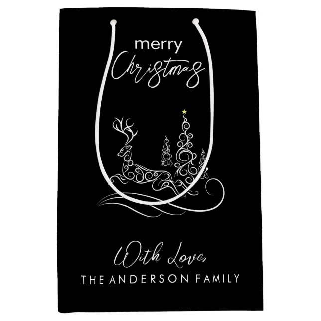 Sac Cadeau Moyen Joyeux sapin de Noël et renne (Devant)