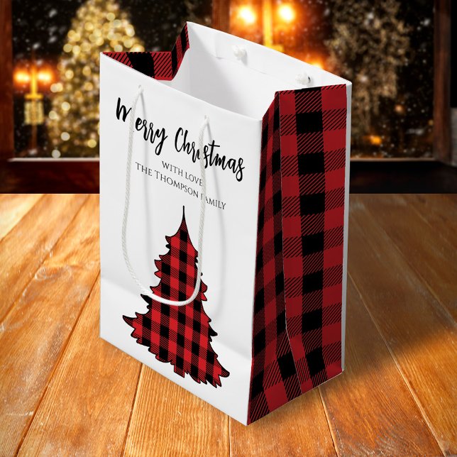 Sac Cadeau Moyen Joyeux sapin de Noël Simple Buffalo Check Motif (Merry Christmas holiday red and black buffalo plaid pattern gift bag)