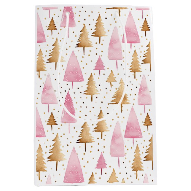 Sac Cadeau Moyen Joyeux sapin rose or Noël (Devant)