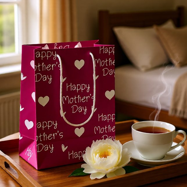 Sac Cadeau Moyen Joyeux script rose foncé de la fête des mères (Bold Dark Pink Happy Mother's Day Hearts Medium Gift Bag)