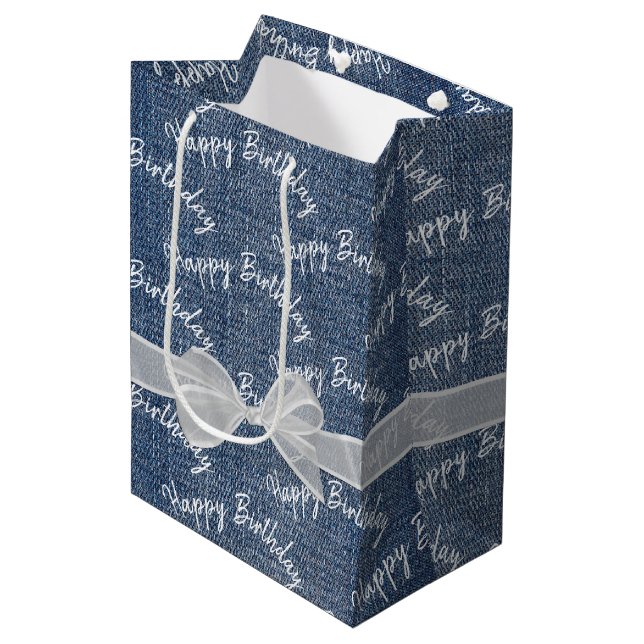 Sac Cadeau Moyen Joyeux Texte D'Anniversaire Sur Denim (Devant Angle)