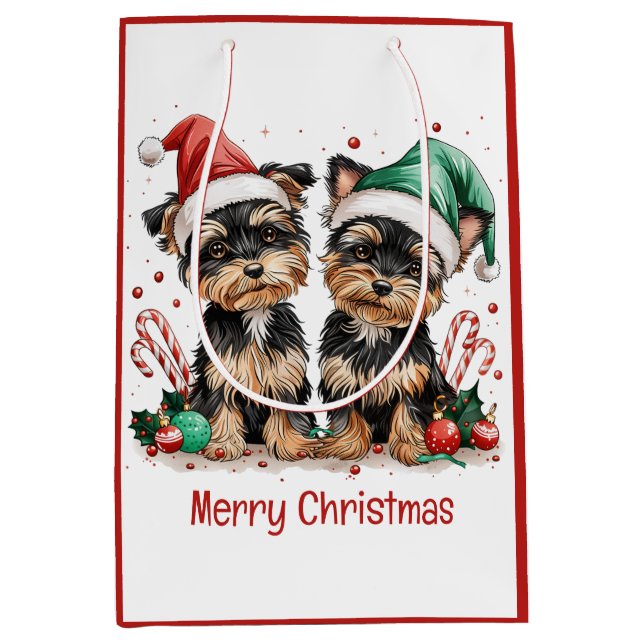 Sac Cadeau Moyen Joyeux Yorkshire Terrier Chiens de Noël (Devant)