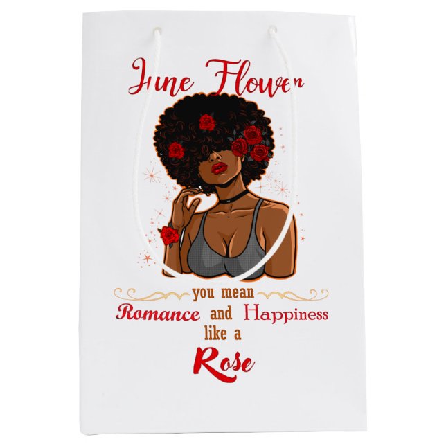 Sac Cadeau Moyen Juin Fleur Rose Noir Anniversaire Reine Melanin (Devant)