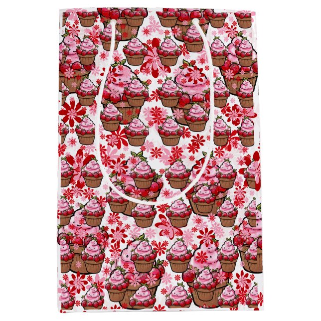 Sac Cadeau Moyen Kawaii Cupcake Design - Illustration de dessert mi (Devant)