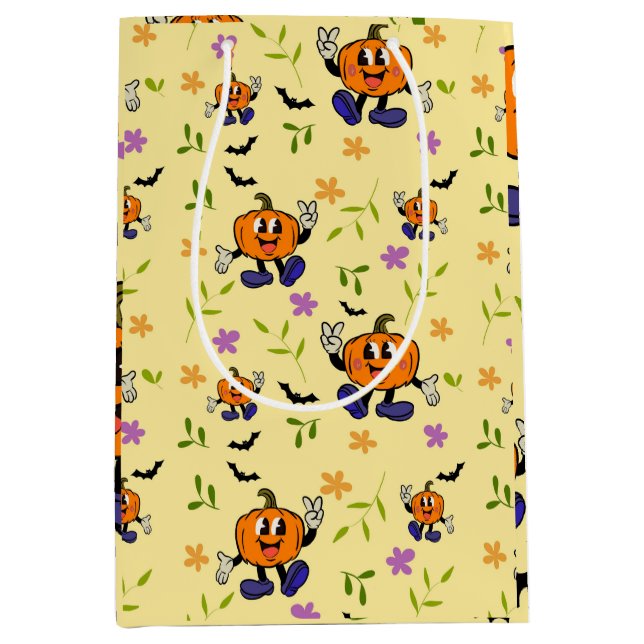 Sac Cadeau Moyen Kawaii Jack-o’-Lantern with Flowers and Bats (Devant)