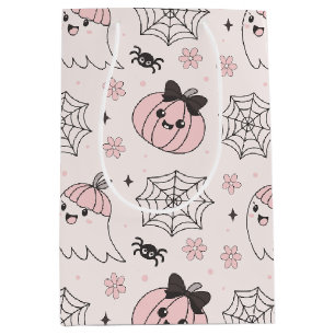 Sac Cadeau Moyen Kawaii Motif d'Halloween rose avec Ghost, Citrouil