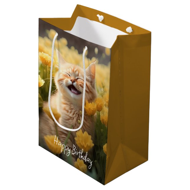 Sac Cadeau Moyen Kitten En Fleurs Anniversaire (Devant Angle)