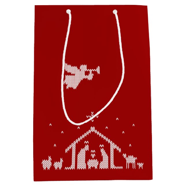 Sac Cadeau Moyen Knit crèche scène Christian Noël Rouge Blanc (Devant)