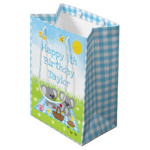 Sac Cadeau Moyen Koala Bears Pique-nique Bleu En vichy Joyeux anniv