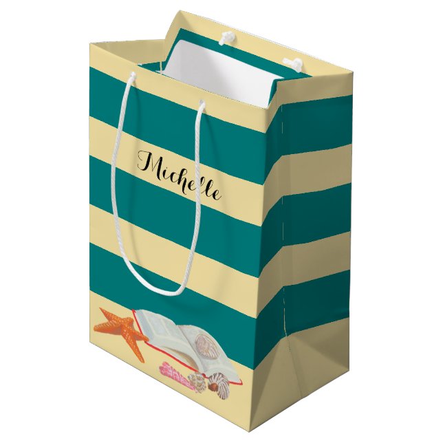 Sac Cadeau Moyen La rayure turquoise et les coquillages ont (Devant Angle)