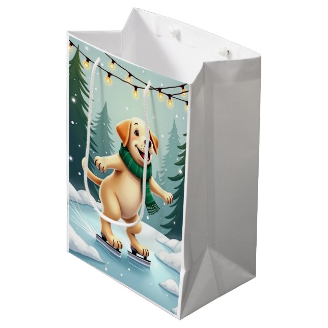 Sac Cadeau Moyen Labrador Retriever Ice Skating Christmas Painting (Devant Angle)