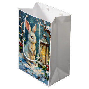Sac Cadeau Moyen Lapin blanc vintage avec lanterne de Noël