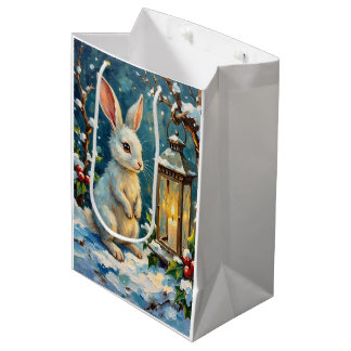 Sac Cadeau Moyen Lapin blanc vintage avec lanterne de Noël