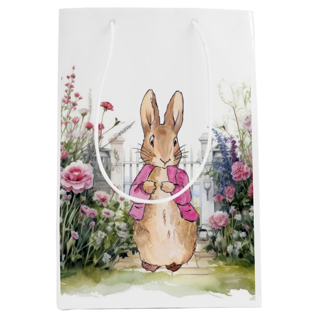 Sac Cadeau Moyen Lapin classique en veste rose (Devant)