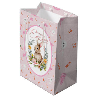 Sac Cadeau Moyen Lapin de Pâques à l'aquarelle avec couronne floral