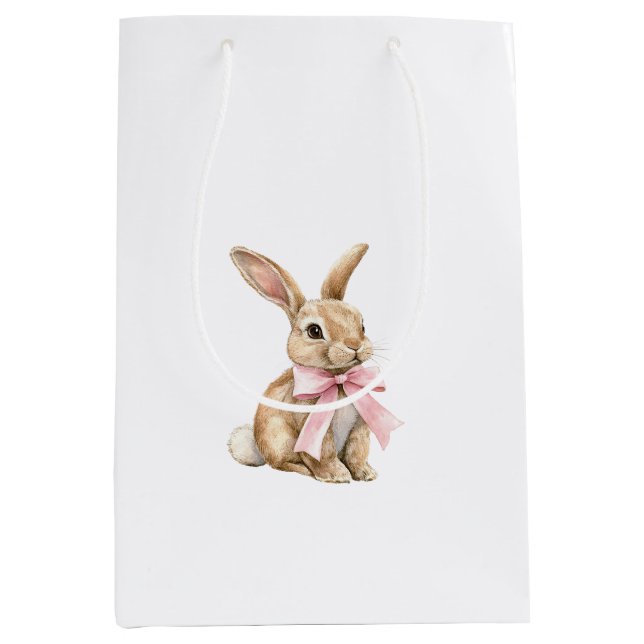 Sac Cadeau Moyen Lapin de Pâques à ruban rose Anniversaire   (Devant)