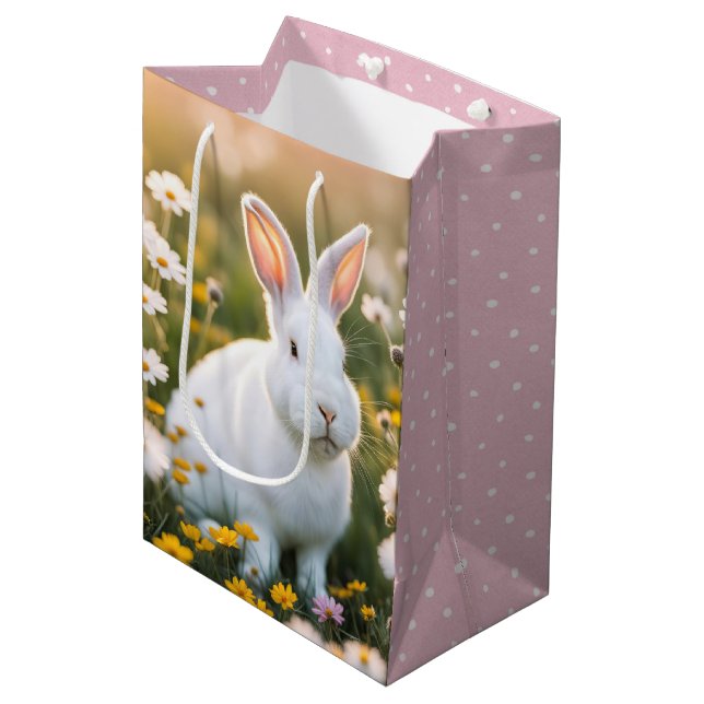 Sac Cadeau Moyen Lapin De Pâques Blanche Dans Les Marguerites (Devant Angle)